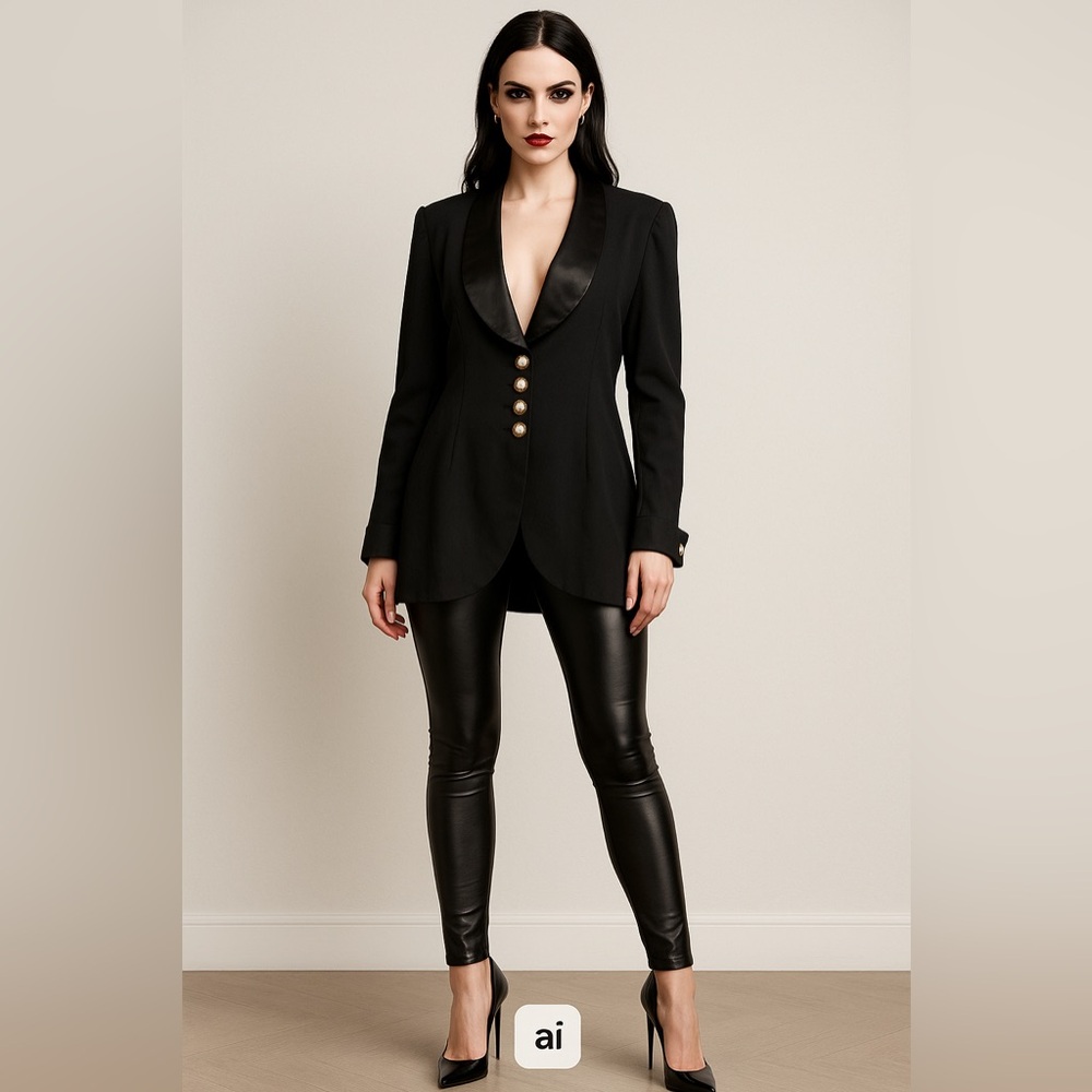 Vintage Vittoria Virini Black Blazer Pearl Buttons Satin Lapel 1980s Canadian